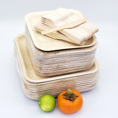 Heavy Duty Disposable Palm Leaf Plates Set with Wooden Forks and Wooden Knives