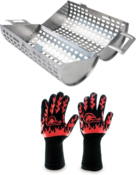BBQ Dragon Ultimate Grill Accessories Set - Rolling Grill Basket Bundle with Extreme Heat Resistant Gloves - Heavy Duty & Durable BBQ Tools