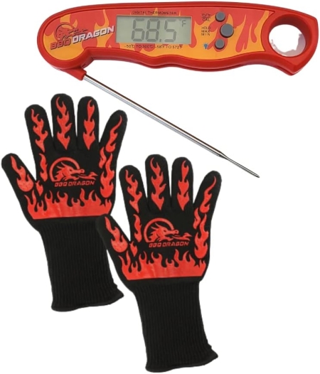 BBQ Dragon Ultimate Grill Accessories Set - Extreme Heat Resistant Gloves - Digital Meat Thermometer with Probe